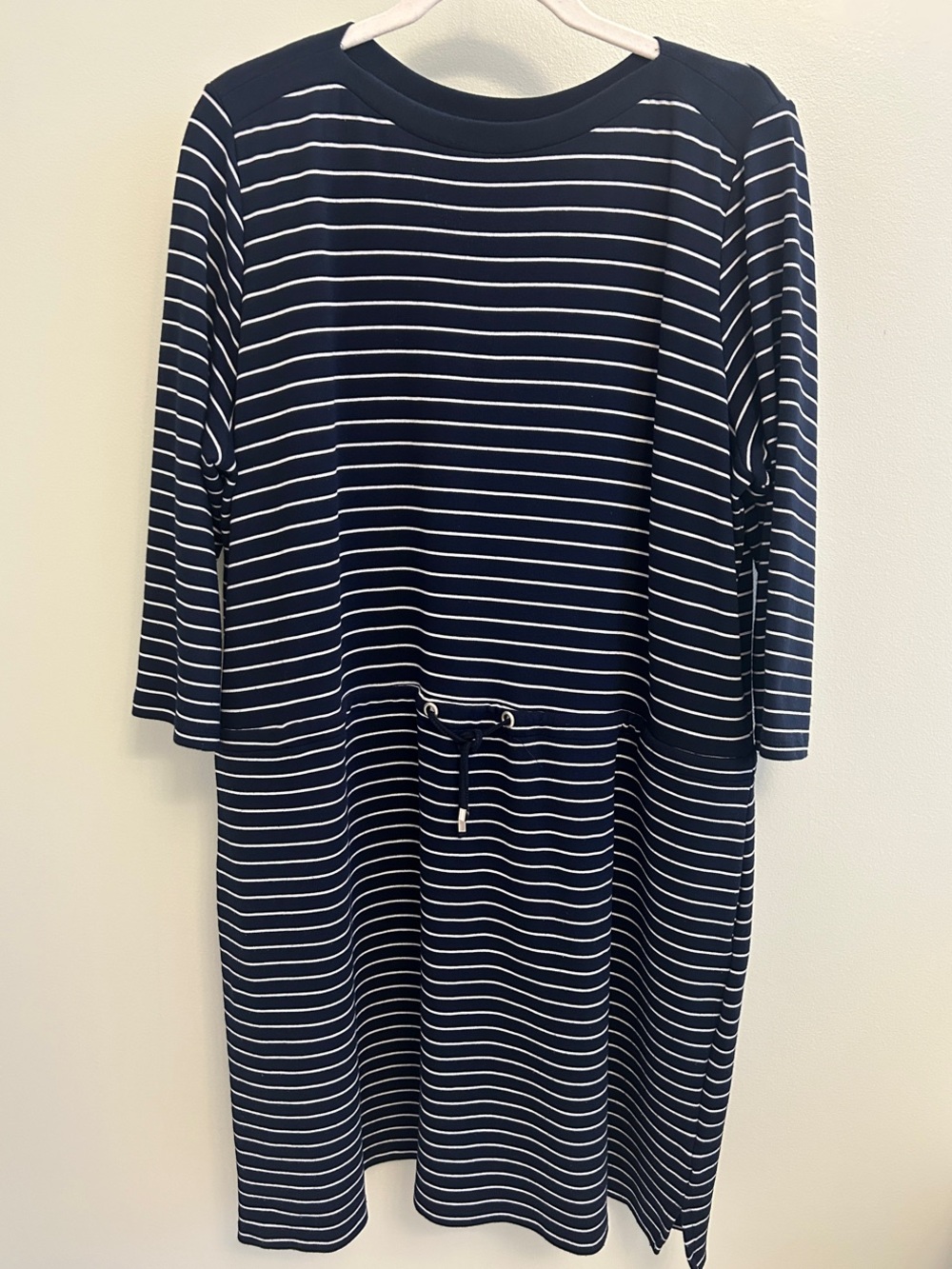 Renuar Navy and White Striped Long Sleeve Drawstring Dress